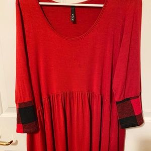 Empire waist Buffalo plaid trimmed red tunic